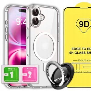 ETUI DO IPHONE 17 CASE + SZKŁO 9H WZMACNIANE 360°CLEAR + UCHWYT RING ZESTAW