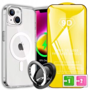 ETUI DO IPHONE 15 CASE + SZKŁO 9H WZMACNIANE 360°CLEAR + UCHWYT RING ZESTAW